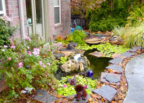 Waterfall, Pond, Front Stone Walkway After